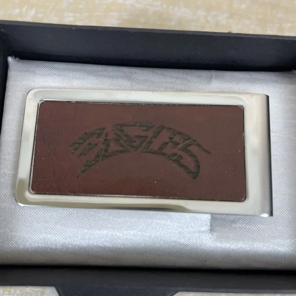 Eagles Money Clip Souvenir 2014 Silver w/Brown Backing Engraved Logo New w/Box
